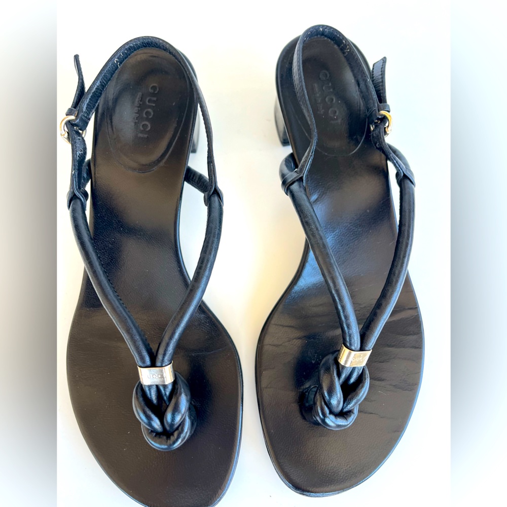 GUCCI Gold Logo-Knot SlingBack Block Heel Black Leather Sandals, Black, 37.5